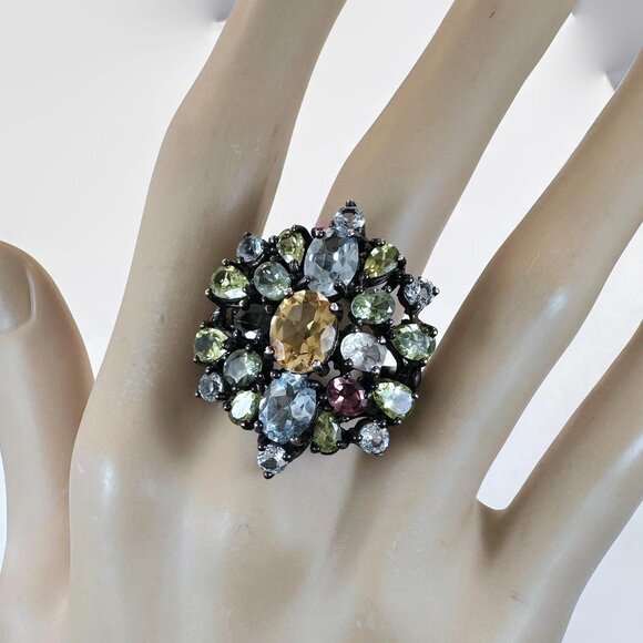 Gemstone Ring, Sterling Silver, Blue Topaz, Peridot, Citrine, Tourmaline - Picture 1 of 8